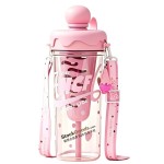 880ml Light Pink Ice Cream Lid Letter Print Straw Cup with Shoulder Strap & Tea Filter